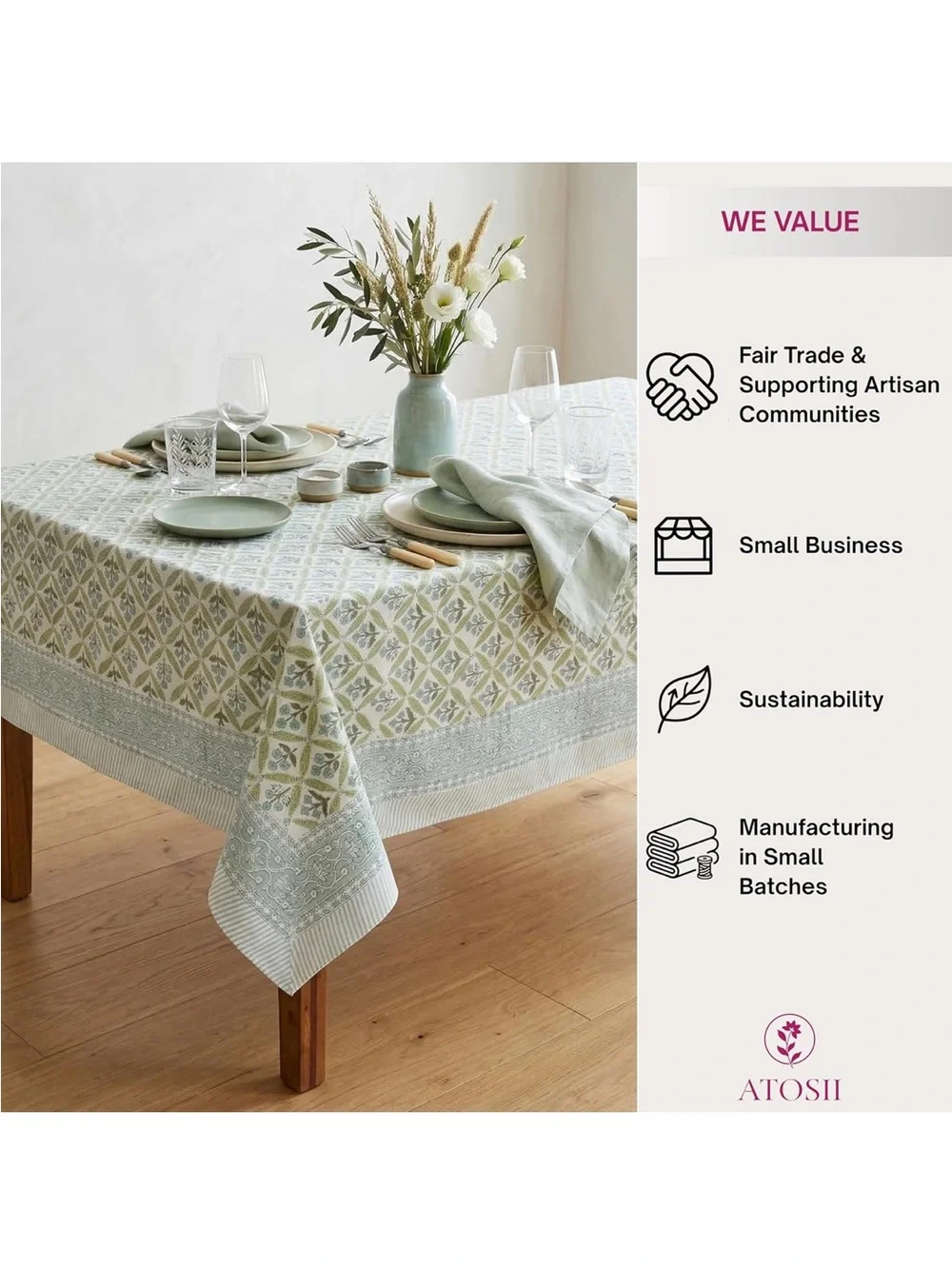 NEW ATOSII 100% Cotton Blockprint Rectangle Table Cloth, Netta Green